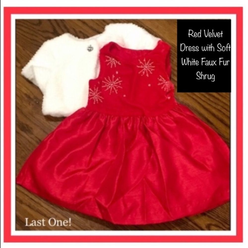 Red Velvet Party Dress White Faux Fur Shrug & Bow - Picture 13 of 14